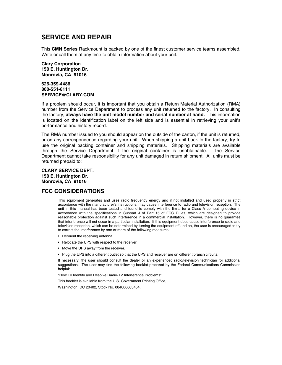 Service and repair | Clary CMN2400D-PD User Manual | Page 22 / 23