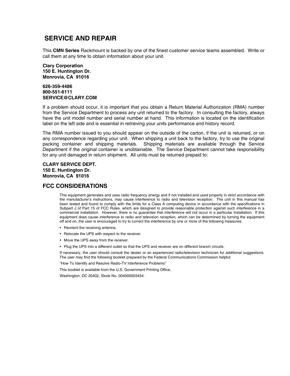 Service and repair | Clary CMN2000IPA User Manual | Page 22 / 23