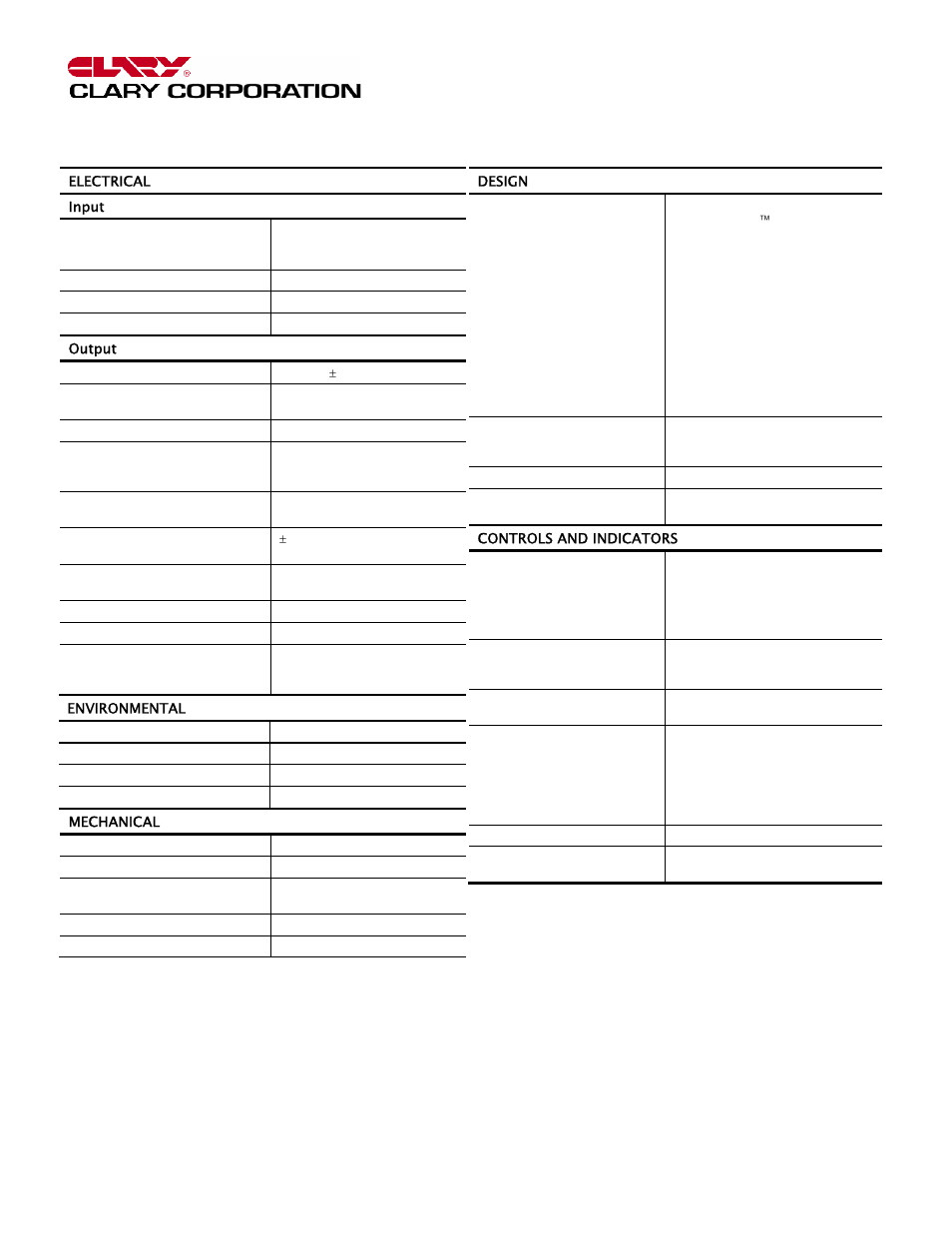 Specifications | Clary CT Series User Manual | Page 14 / 18