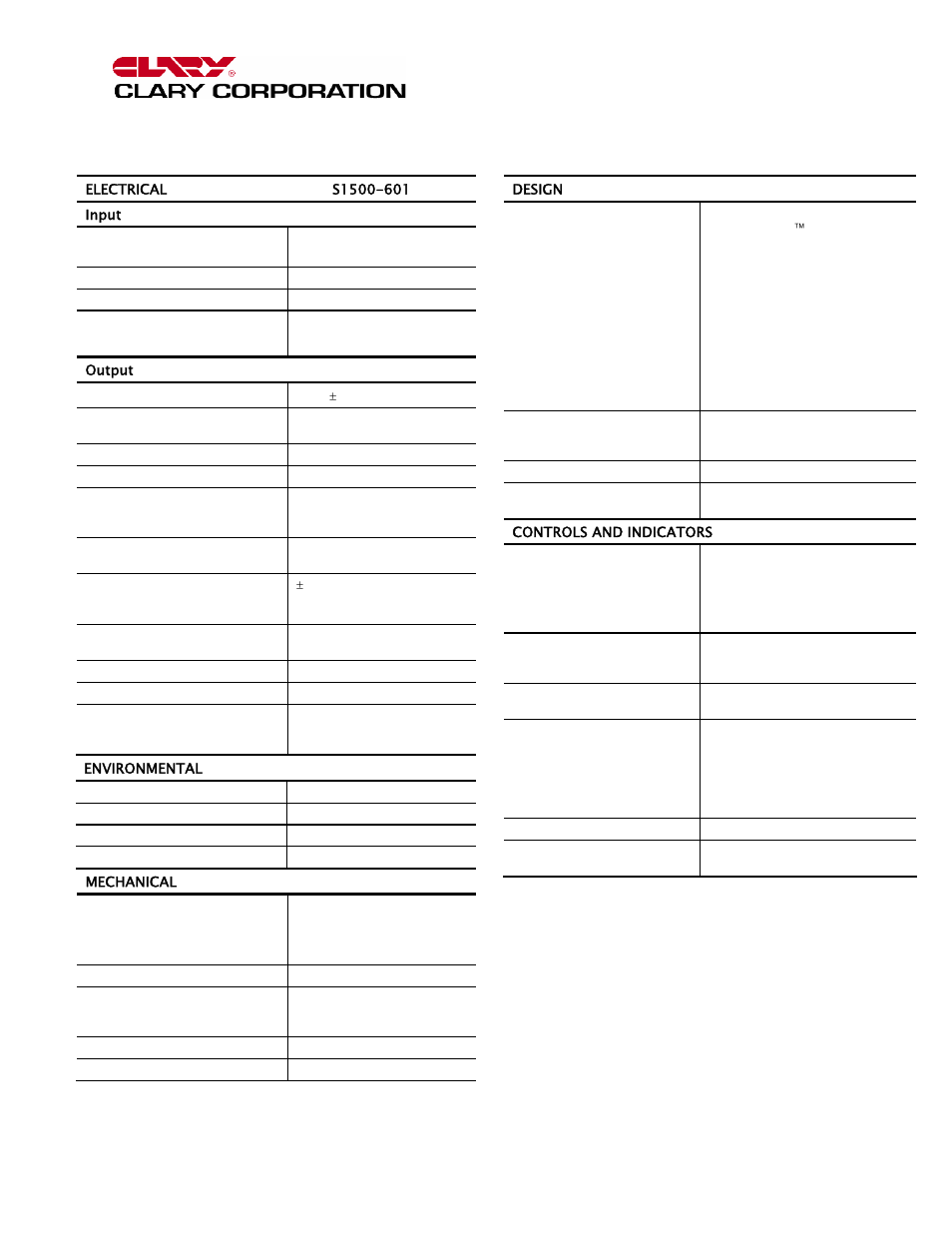 Specifications | Clary S1500-601 User Manual | Page 14 / 17