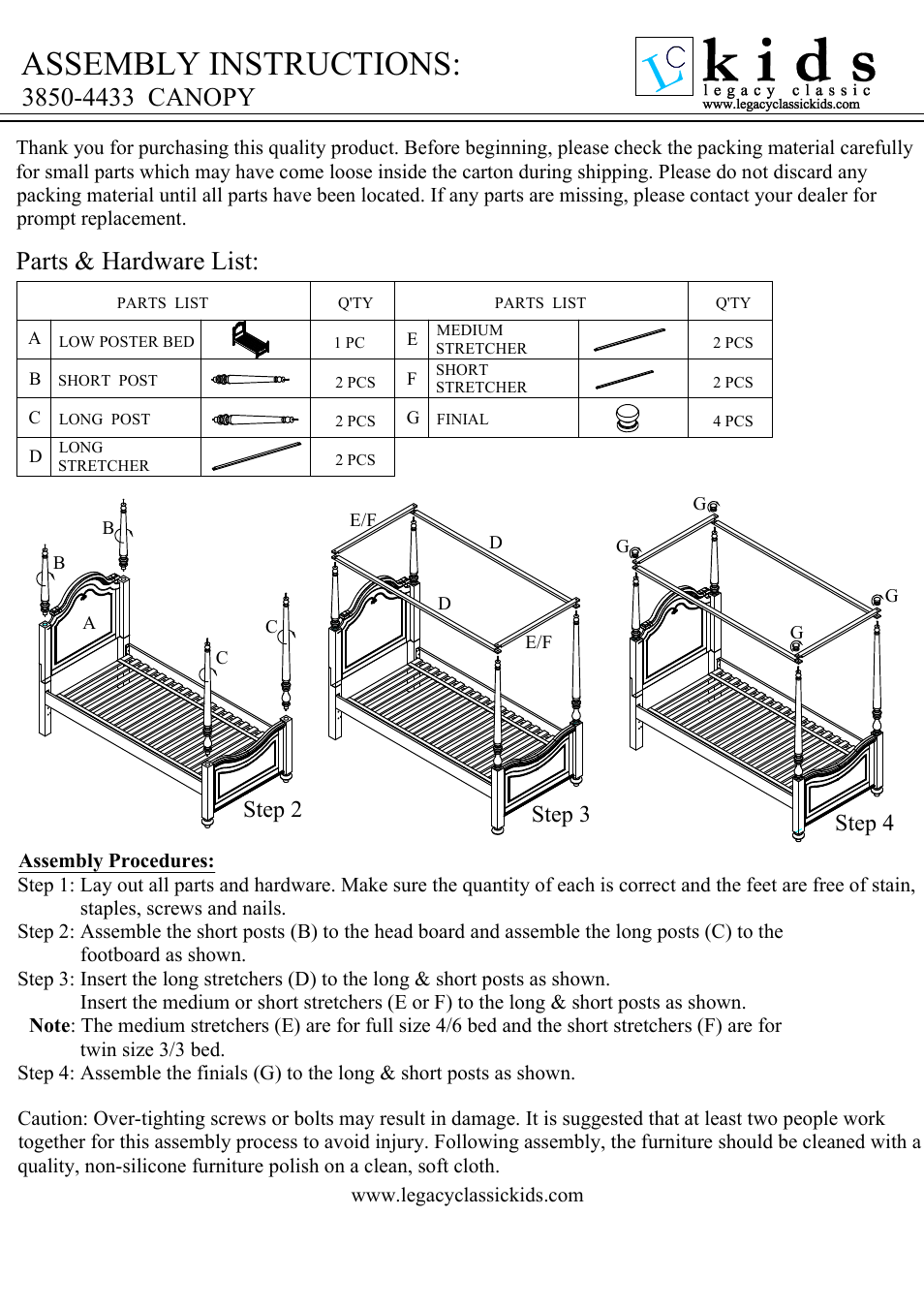 Assembly instructions, Parts & hardware list, Step 2 step 3 step 4 | Legacy Classic Furniture High Poster Bed Twin 3850-4433K 0850-6200 User Manual | Page 2 / 2