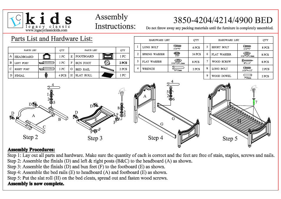 Legacy Classic Furniture High Poster Bed Full 3850-4434K User Manual | 2 pages