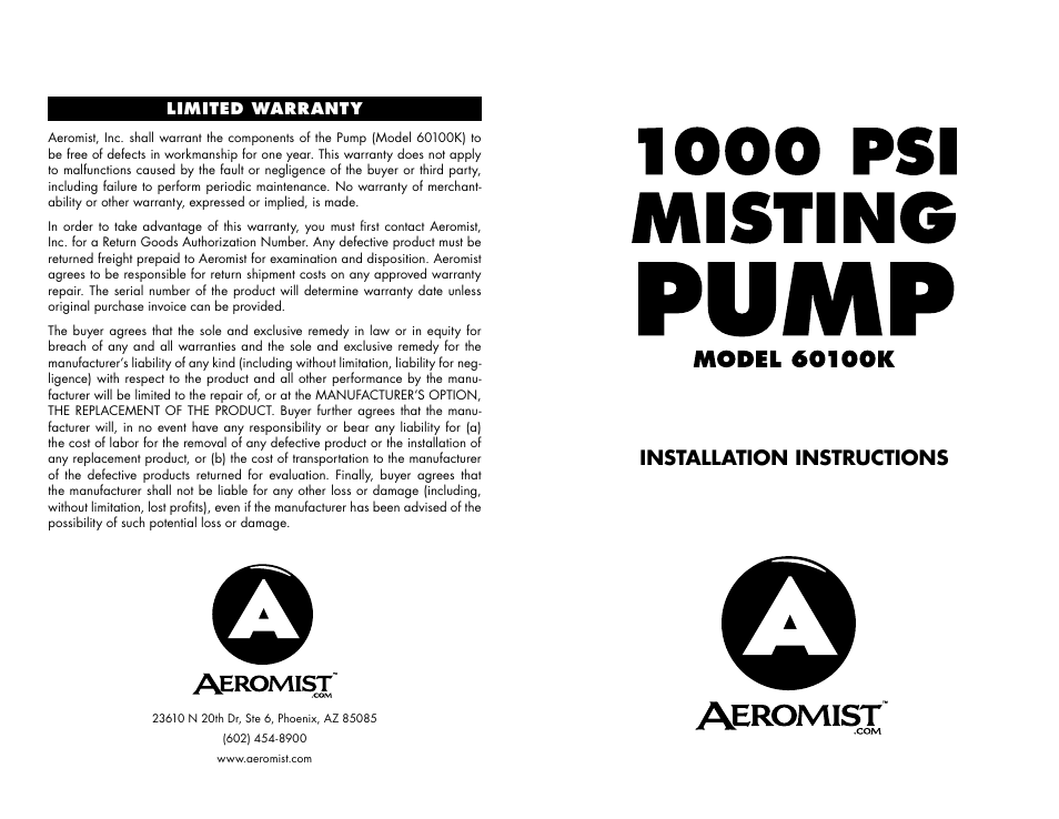 Aero Mist 60100K User Manual | 2 pages