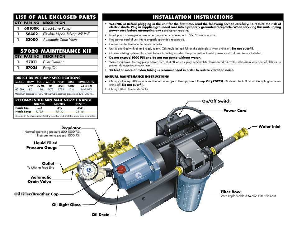 List of all enclosed parts, Installation instructions | Aero Mist 60100K User Manual | Page 2 / 2