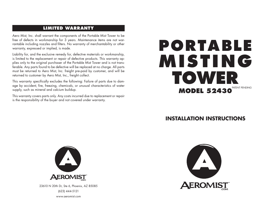 Aero Mist Portable Misting Tower 52430 User Manual | 2 pages