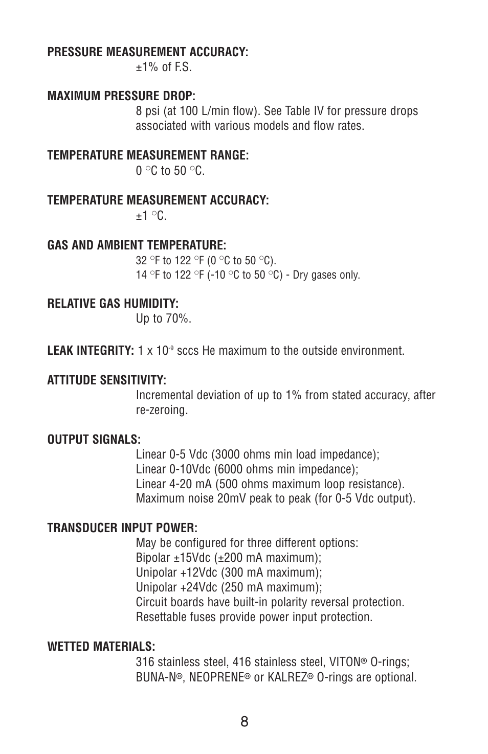 C to 50, C. temperature measurement accuracy: ±1, C. gas and ambient temperature | Aalborg DFM Digital User Manual | Page 12 / 68