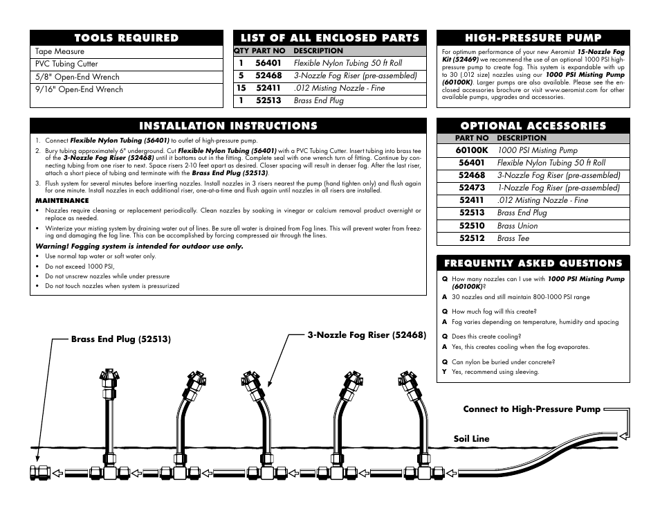 List of all enclosed parts, Tools required, Installation instructions high-pressure pump | Optional accessories | Aero Mist Nozzle Fogging Kit 52469 User Manual | Page 2 / 2