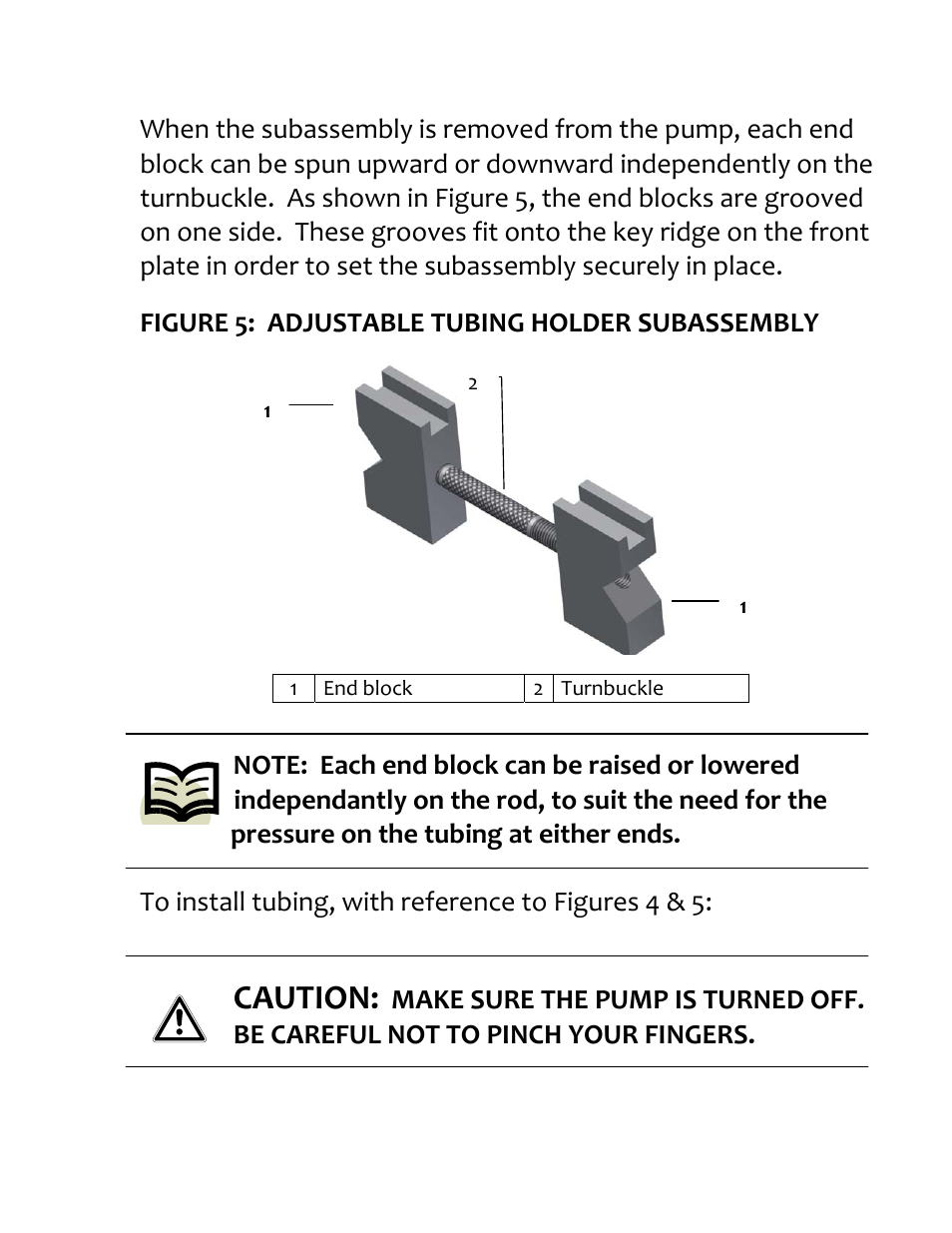 Caution, Figure 5: adjustable tubing holder subassembly | Aalborg TPV User Manual | Page 15 / 32