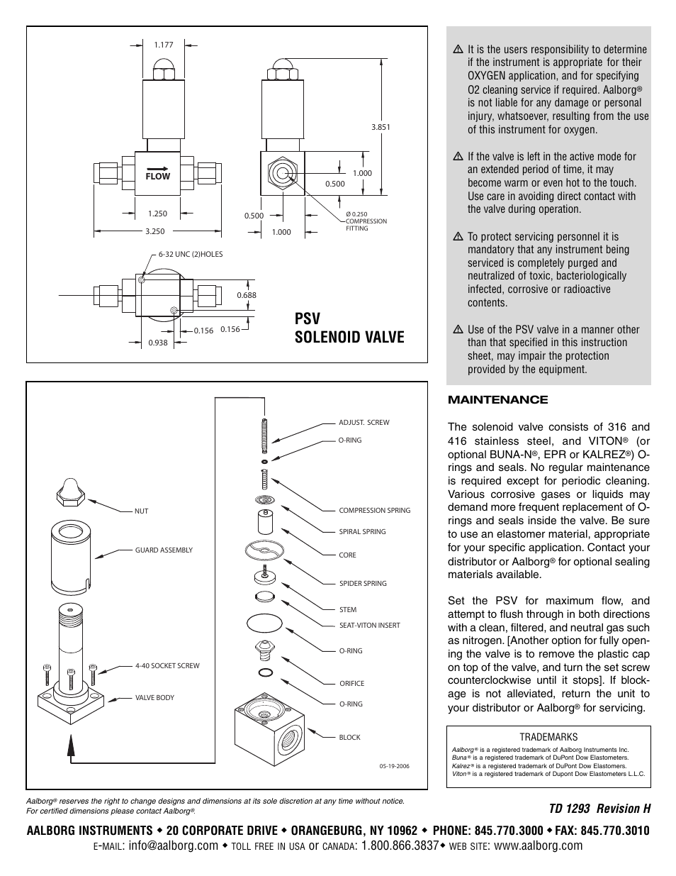 Psv solenoid valve, Aalborg instruments, 20 corporate drive | 3837 w, Td 1293 revision h | Aalborg PSV Series User Manual | Page 2 / 2