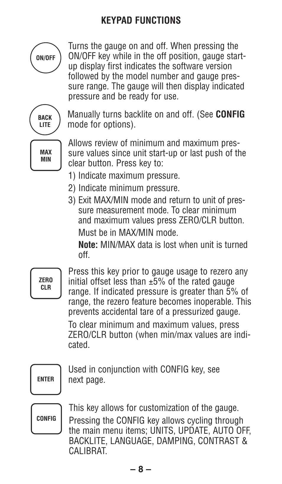 Keypad functions | Ashcroft 2084 Precision Digital Test Gauges User Manual | Page 8 / 20