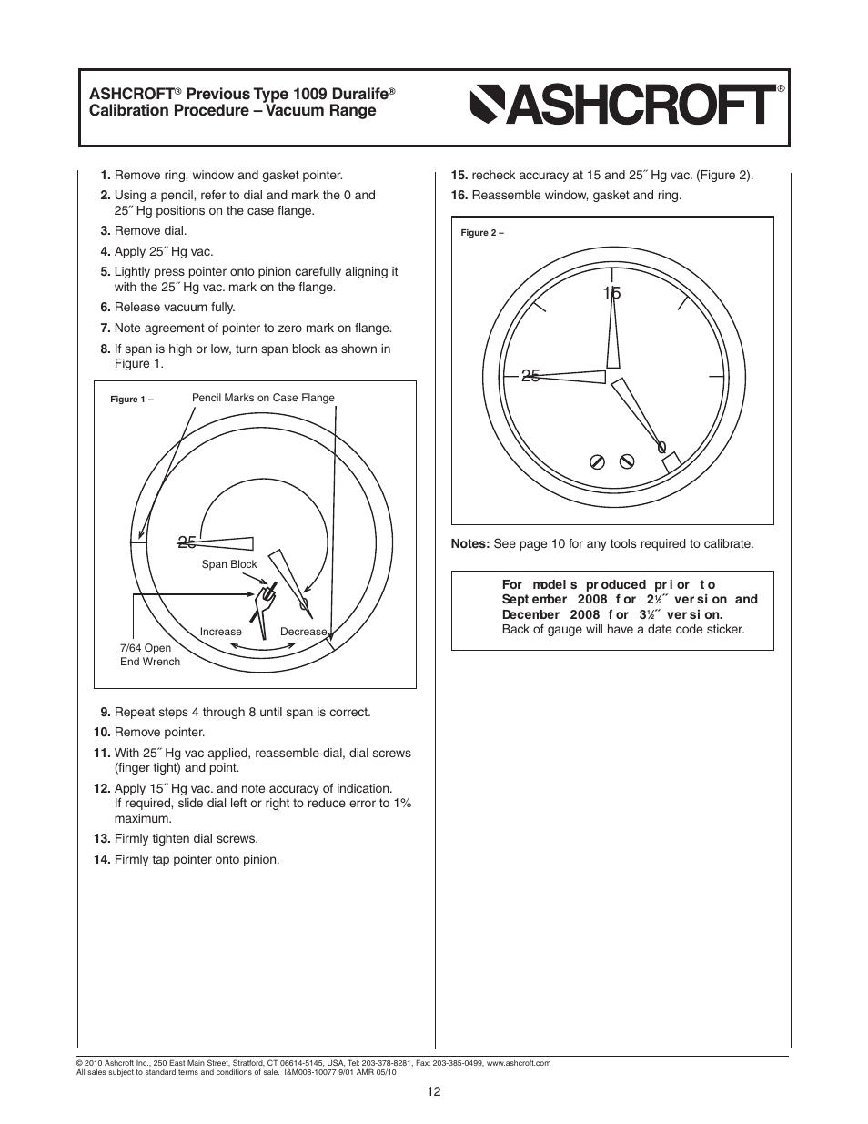 Ashcroft, Previous type 1009 duralife, Calibration procedure – vacuum range | Ashcroft 1036 Gauge with 1037 Fitting User Manual | Page 12 / 20