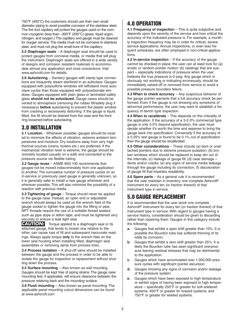 0 installation, 0 operation, 0 gauge replacement | Ashcroft 1036 Gauge with 1037 Fitting User Manual | Page 5 / 20