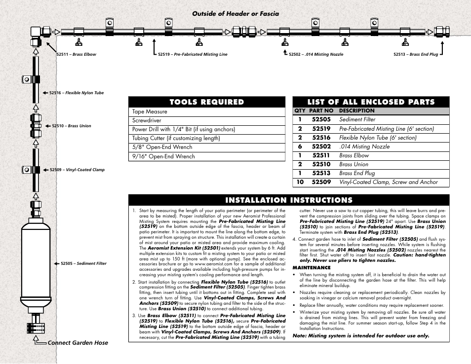 List of all enclosed parts, Tools required, Installation instructions | Aero Mist Professional Misting System 52500 User Manual | Page 2 / 2