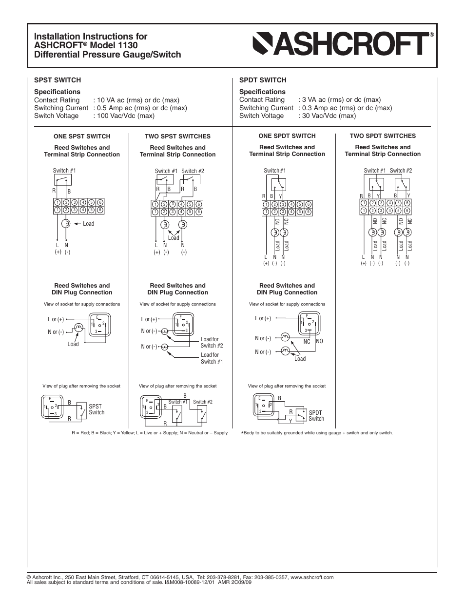 Installation instructions for ashcroft, Model 1130 differential pressure gauge/switch | Ashcroft 1130 - Differential Pressure Gauge User Manual | Page 2 / 2