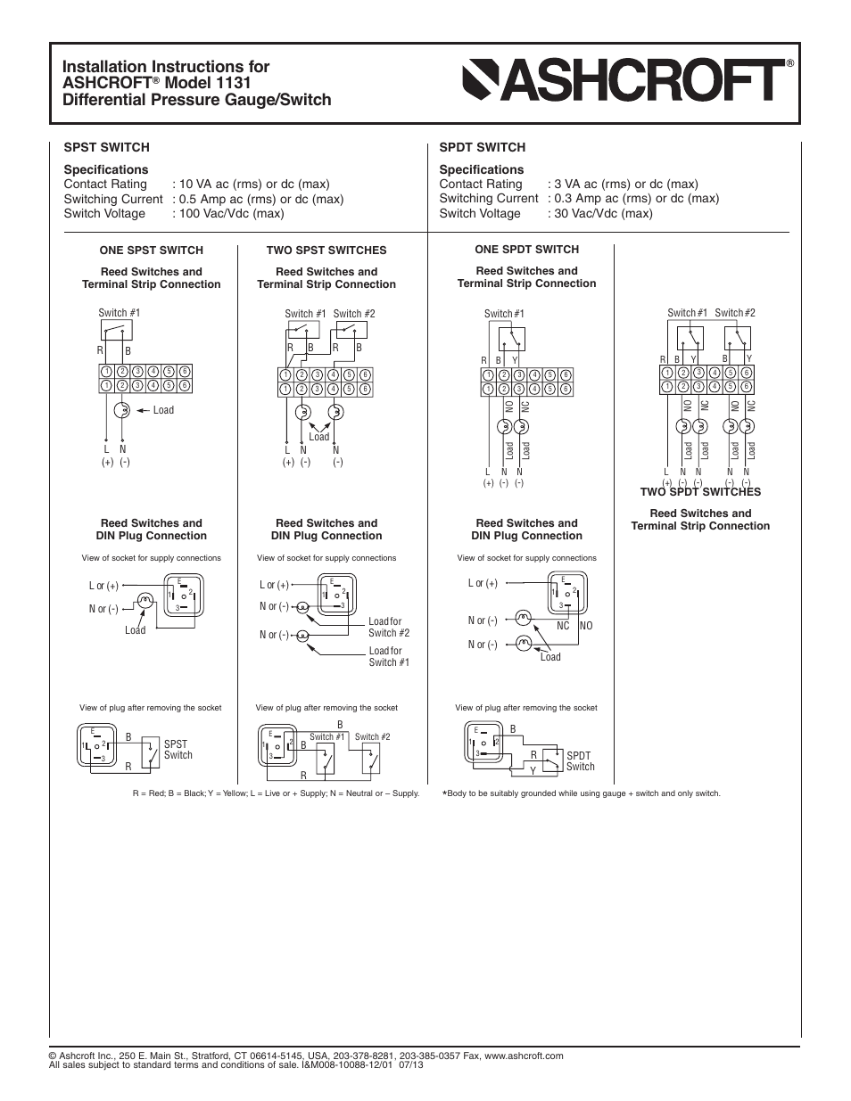 Installation instructions for ashcroft, Model 1131 differential pressure gauge/switch | Ashcroft 1131 - Differential Pressure Gauge User Manual | Page 2 / 2