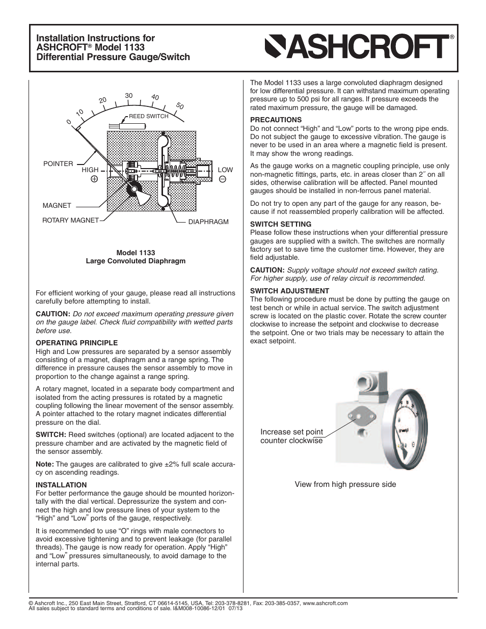 Ashcroft 1133 - Differential Pressure Gauge User Manual | 2 pages