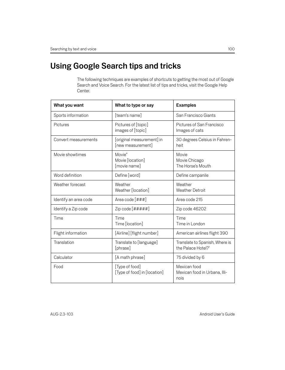Using google search tips and tricks, Using google search tips and tricks 100 | Samsung Android 2.3 User Manual | Page 100 / 380