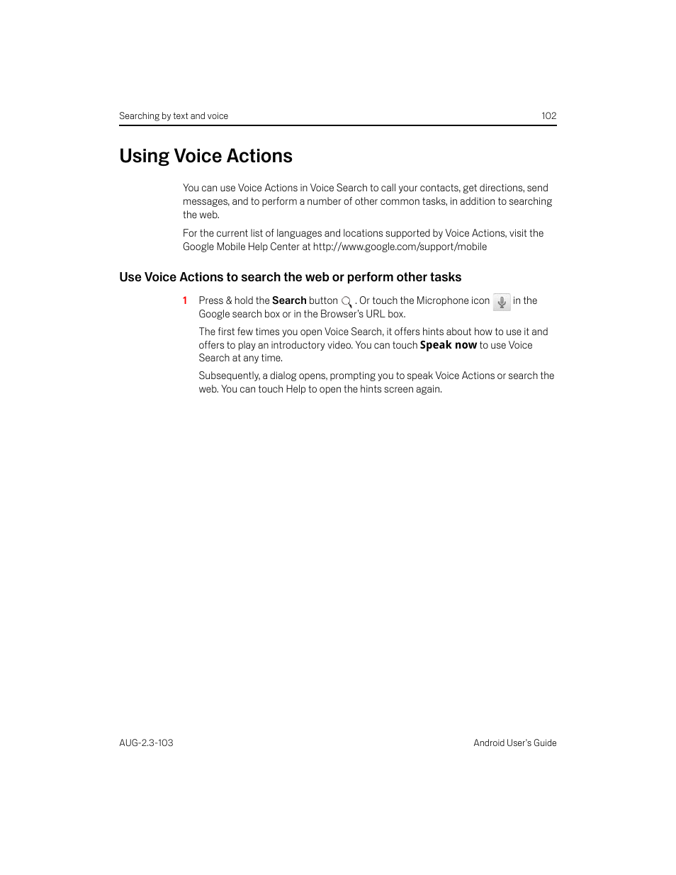 Using voice actions, Using voice actions 102 | Samsung Android 2.3 User Manual | Page 102 / 380