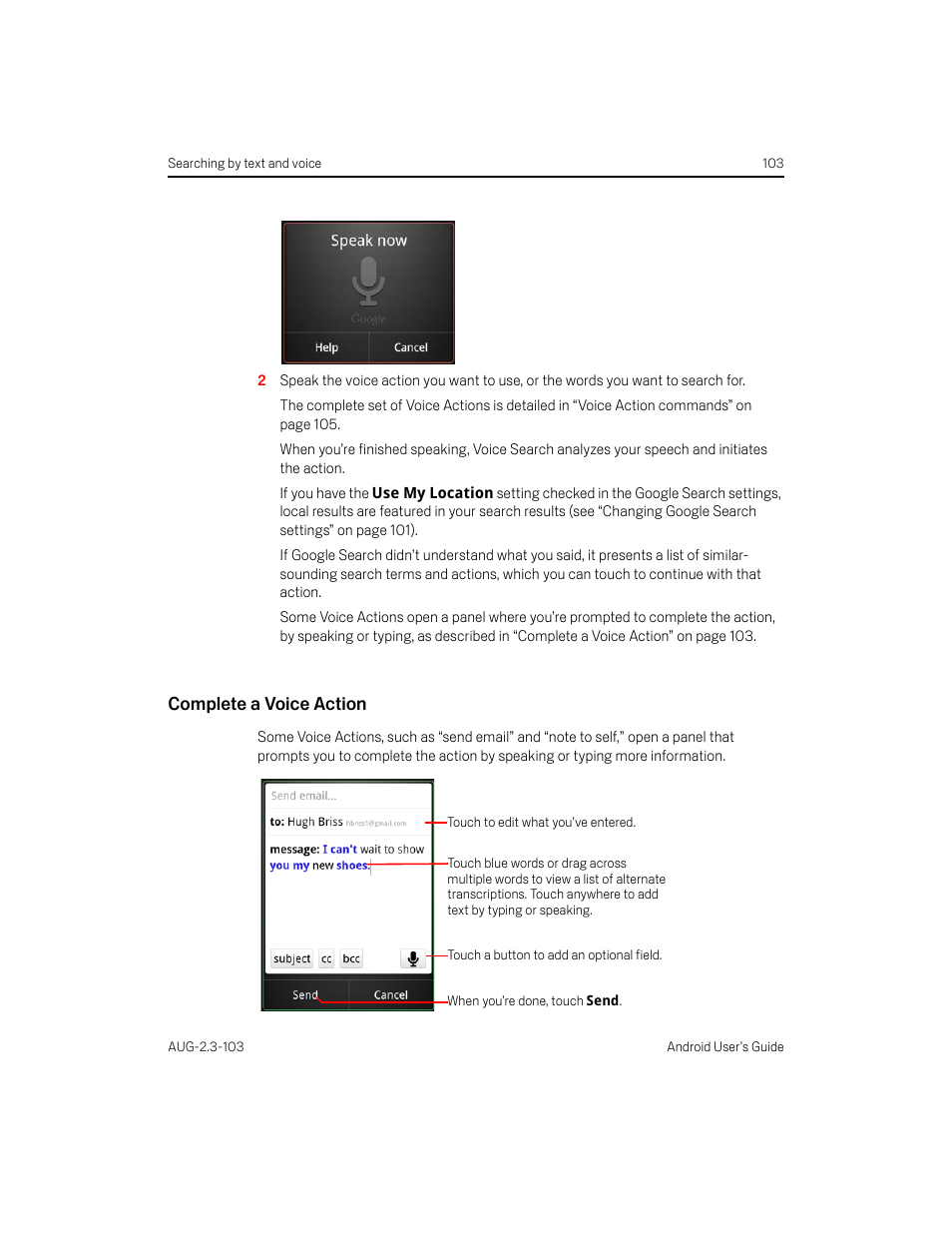 Complete a voice action | Samsung Android 2.3 User Manual | Page 103 / 380