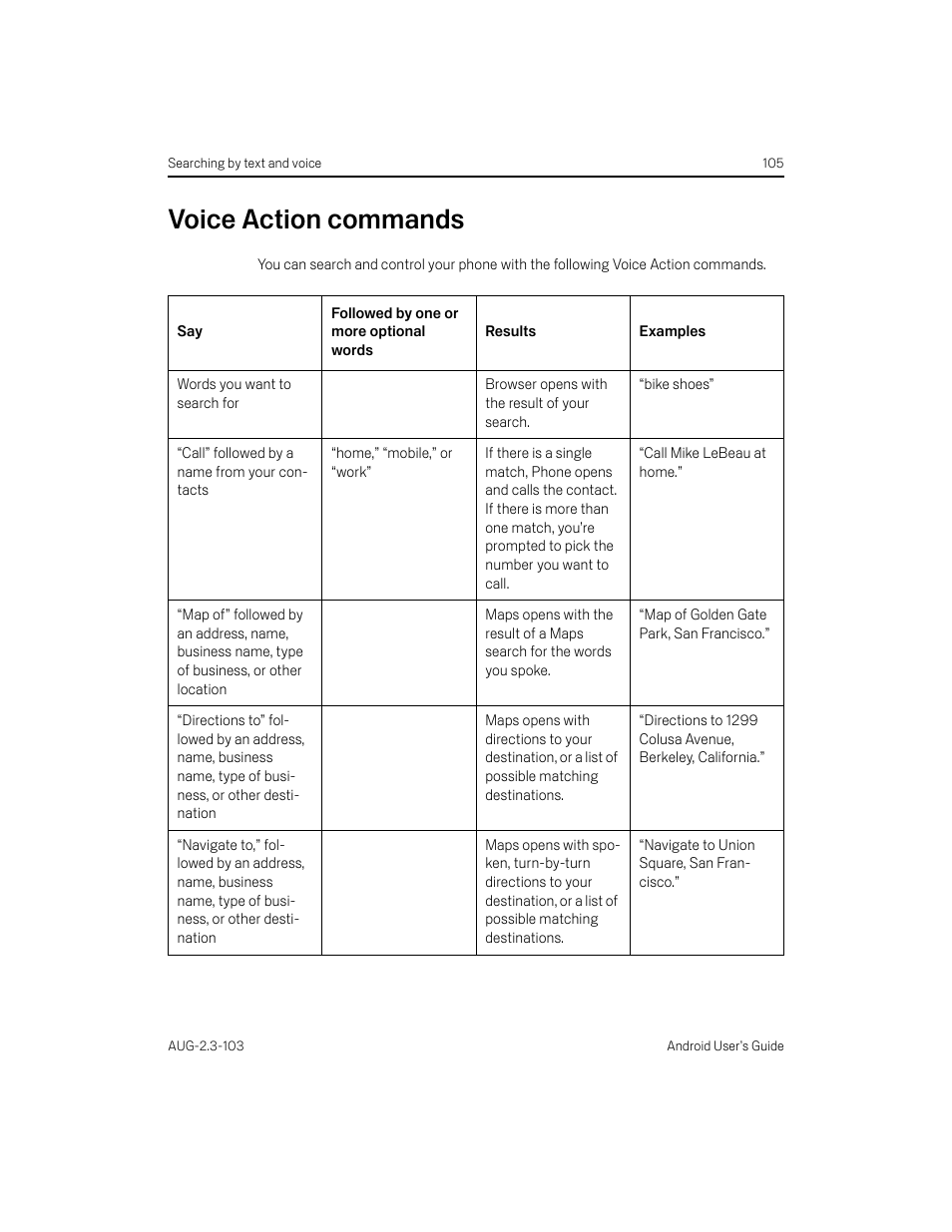 Voice action commands, Voice action commands 105 | Samsung Android 2.3 User Manual | Page 105 / 380