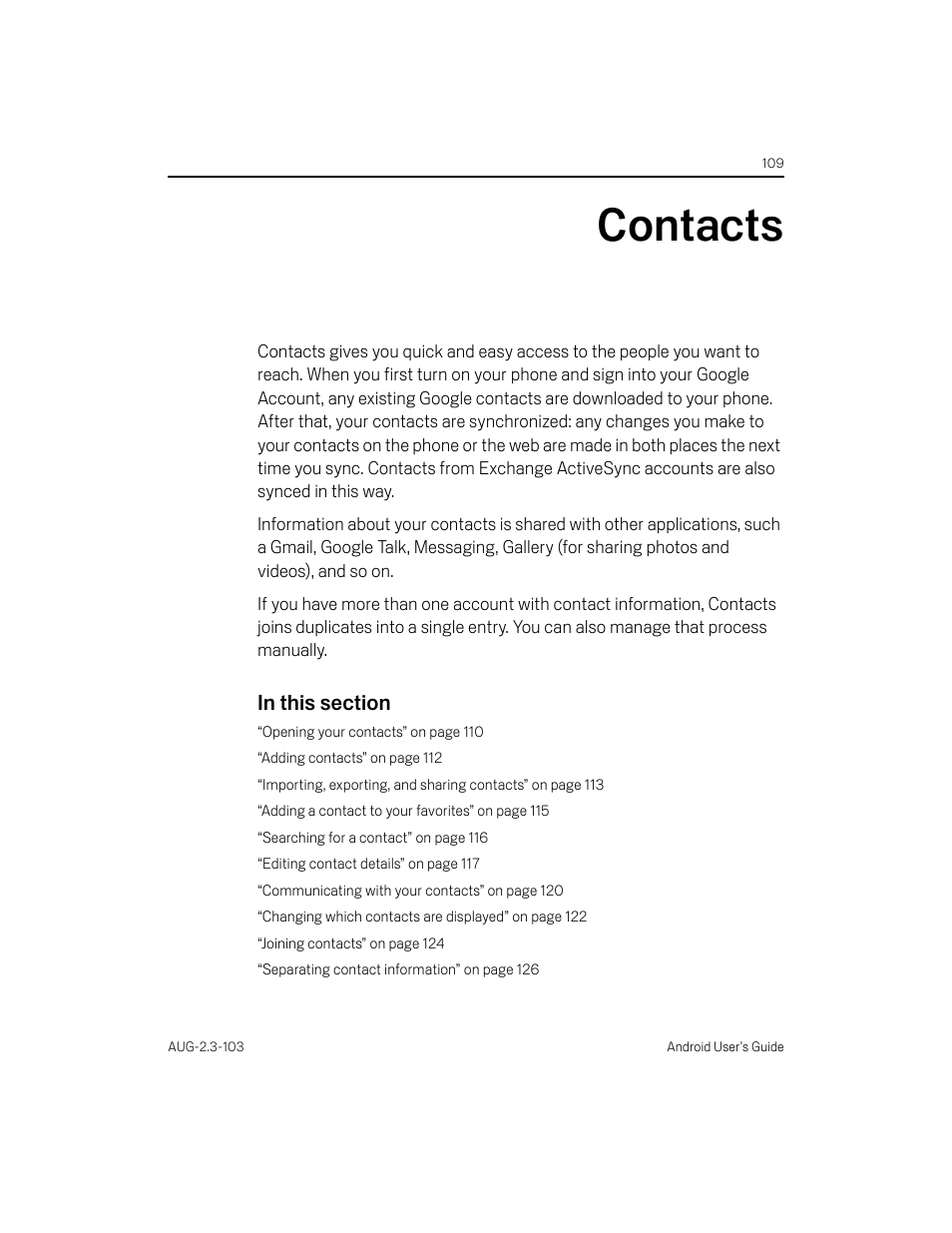 Contacts, Contacts 109 | Samsung Android 2.3 User Manual | Page 109 / 380