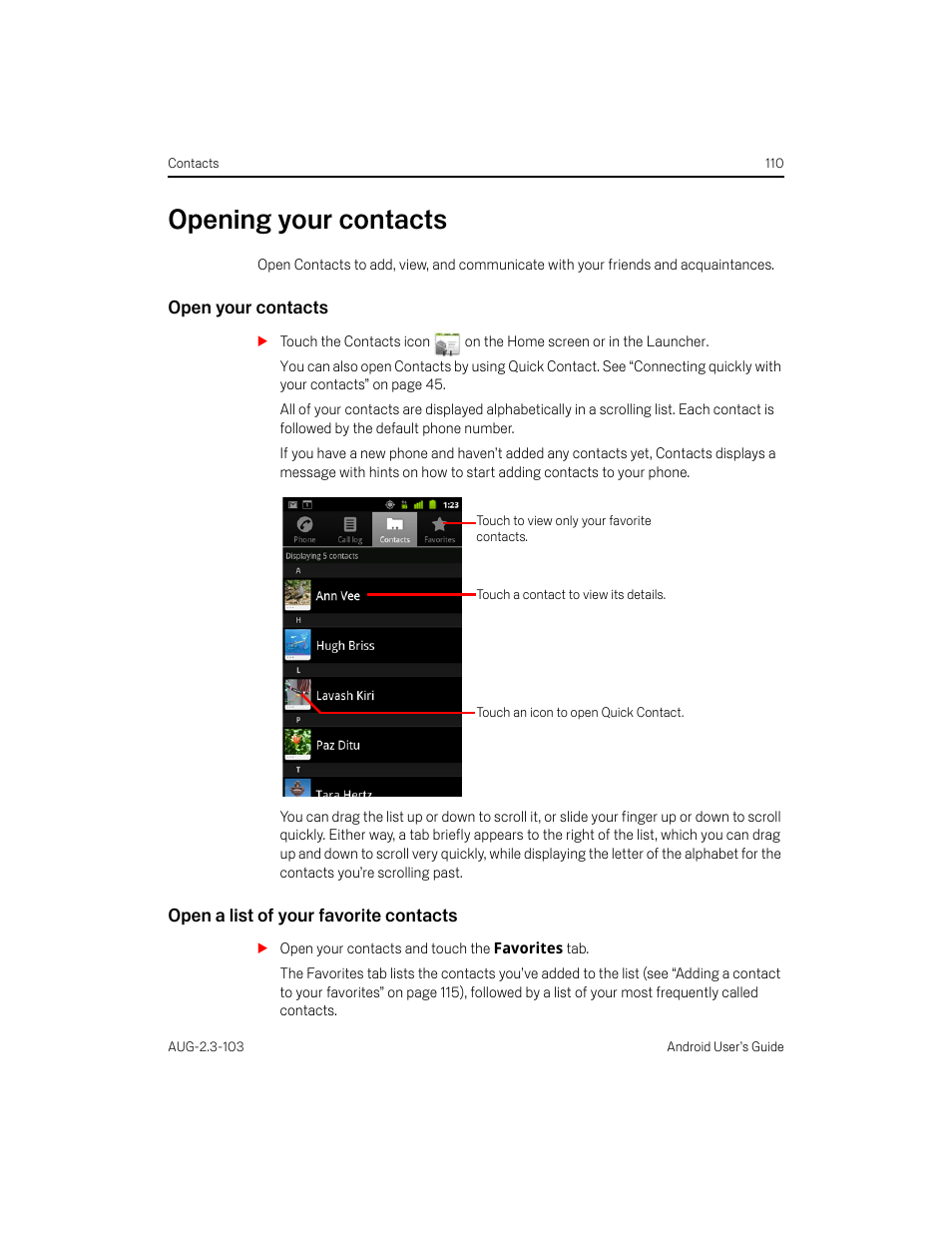 Opening your contacts, Open your contacts, Open a list of your favorite contacts | Opening your contacts 110 | Samsung Android 2.3 User Manual | Page 110 / 380