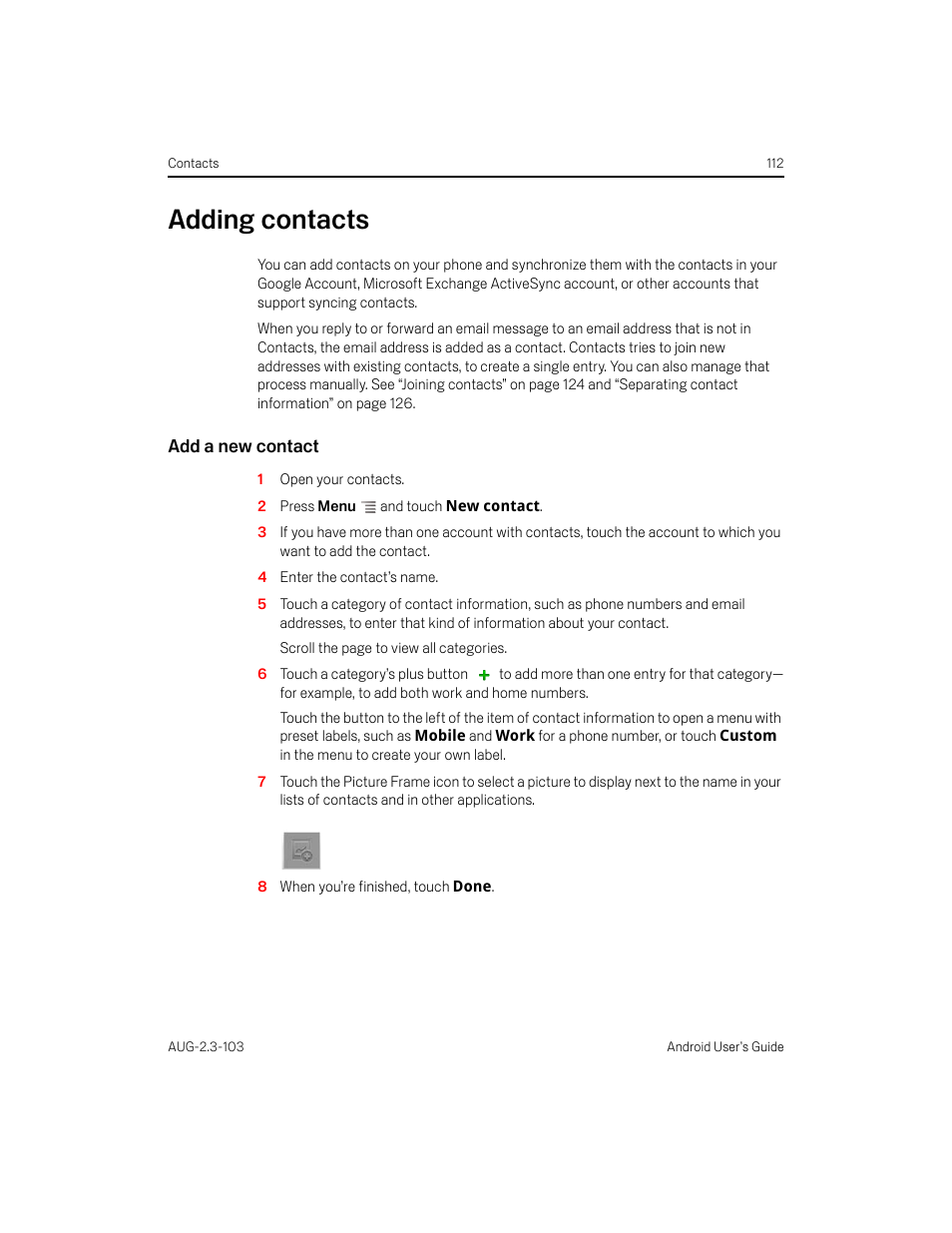 Adding contacts, Add a new contact, Adding contacts 112 | Samsung Android 2.3 User Manual | Page 112 / 380