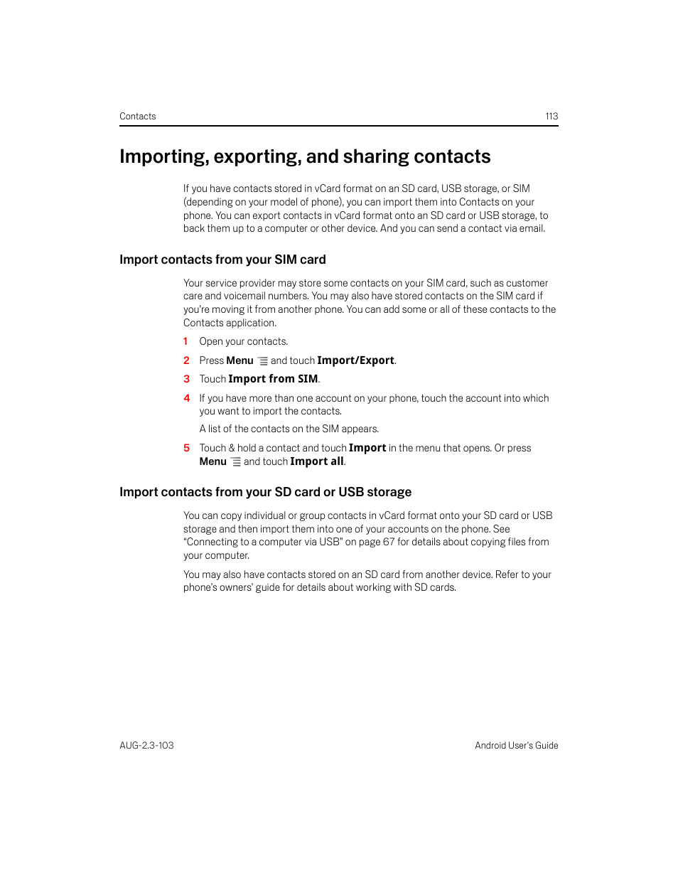 Importing, exporting, and sharing contacts, Import contacts from your sim card, Import contacts from your sd card or usb storage | Importing, exporting, and sharing contacts 113 | Samsung Android 2.3 User Manual | Page 113 / 380