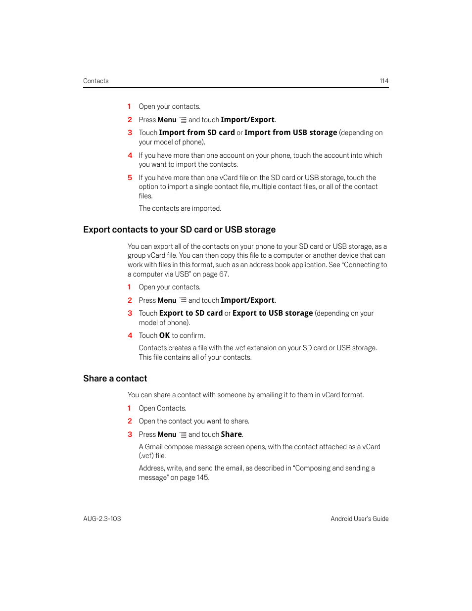 Export contacts to your sd card or usb storage, Share a contact | Samsung Android 2.3 User Manual | Page 114 / 380