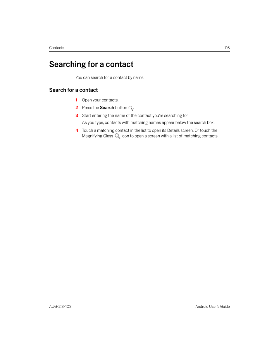 Searching for a contact, Search for a contact, Searching for a contact 116 | Samsung Android 2.3 User Manual | Page 116 / 380