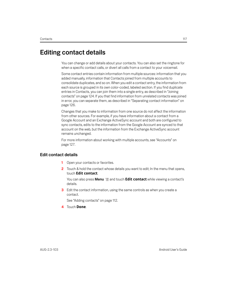 Editing contact details, Edit contact details, Editing contact details 117 | Samsung Android 2.3 User Manual | Page 117 / 380