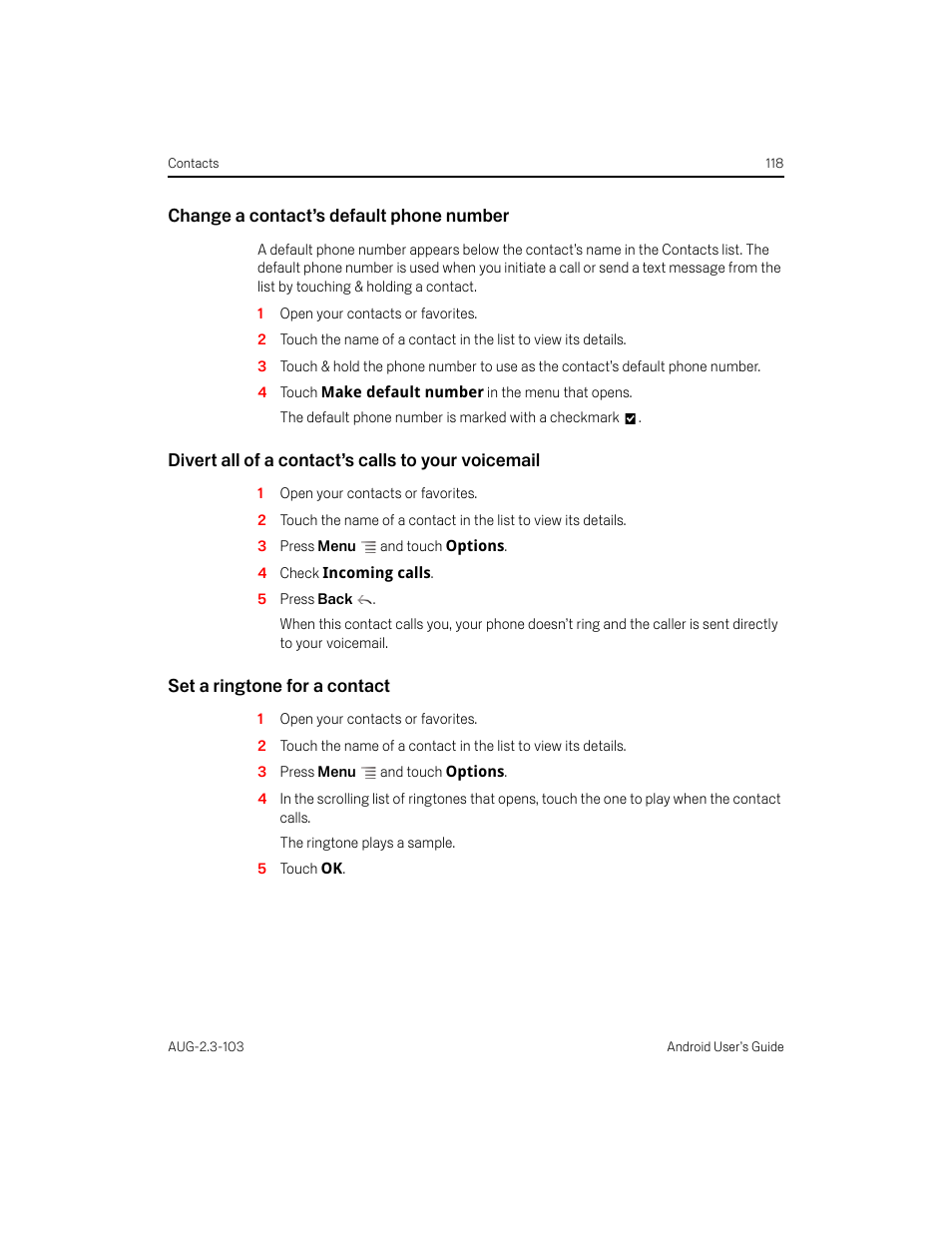 Change a contact’s default phone number, Divert all of a contact’s calls to your voicemail, Set a ringtone for a contact | Samsung Android 2.3 User Manual | Page 118 / 380