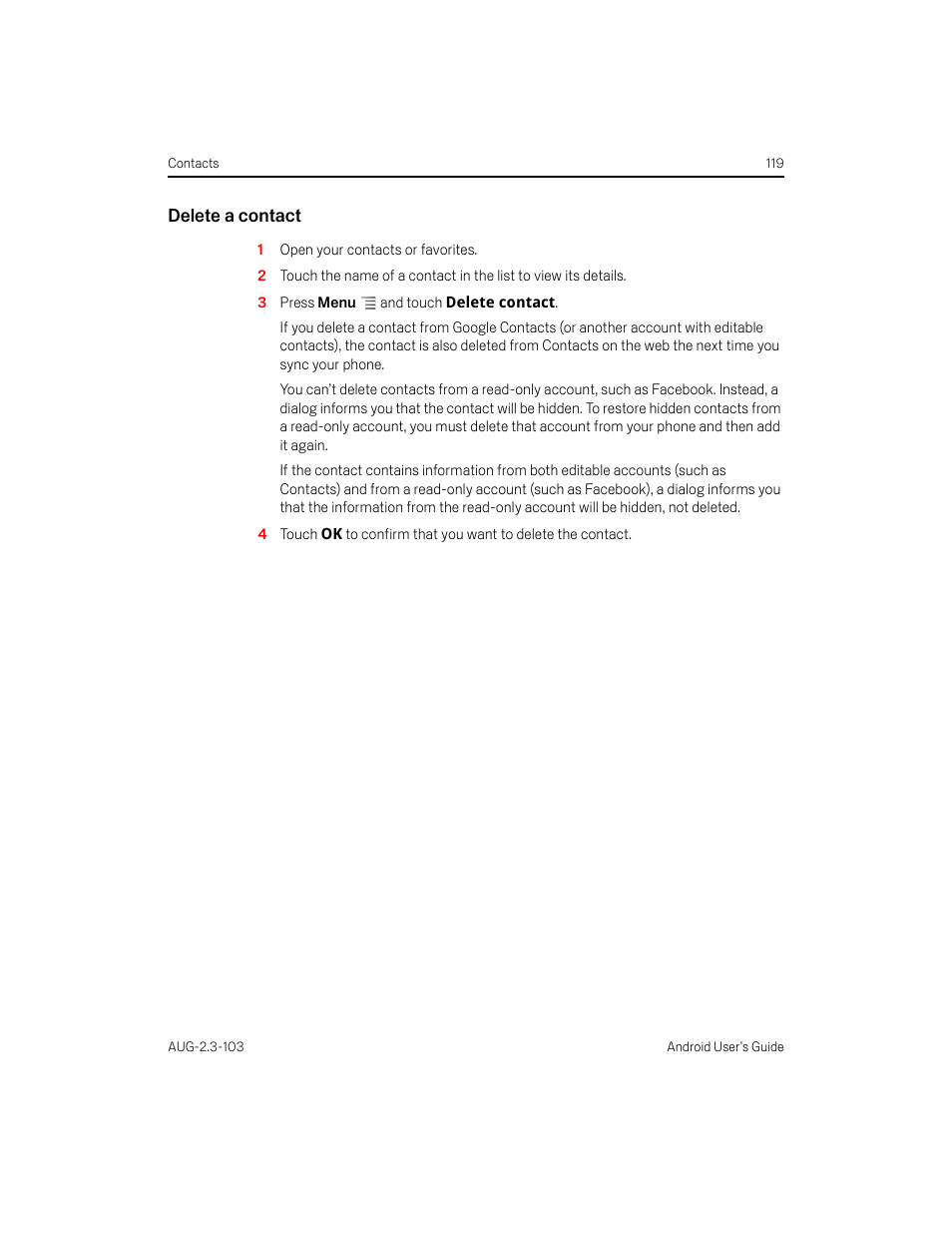 Delete a contact | Samsung Android 2.3 User Manual | Page 119 / 380