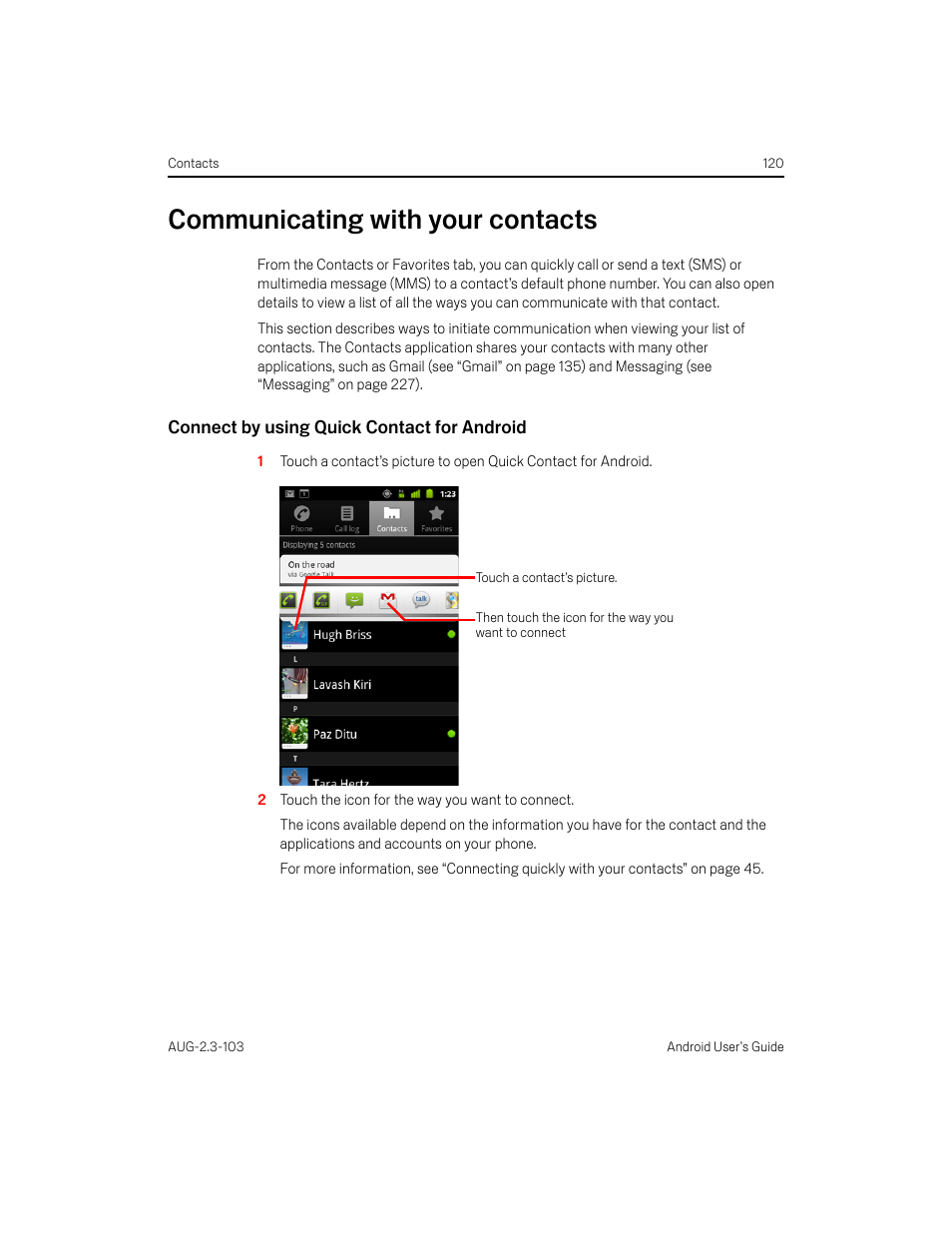 Communicating with your contacts, Connect by using quick contact for android, Communicating with your contacts 120 | Samsung Android 2.3 User Manual | Page 120 / 380