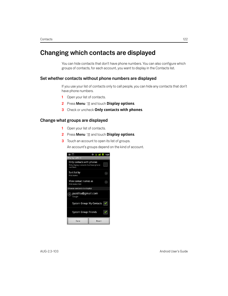 Changing which contacts are displayed, Change what groups are displayed, Changing which contacts are displayed 122 | Samsung Android 2.3 User Manual | Page 122 / 380