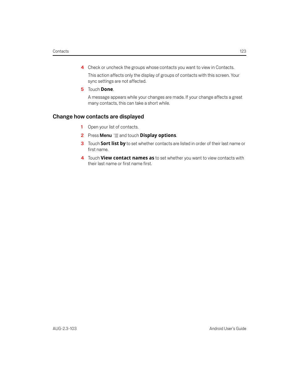 Change how contacts are displayed | Samsung Android 2.3 User Manual | Page 123 / 380