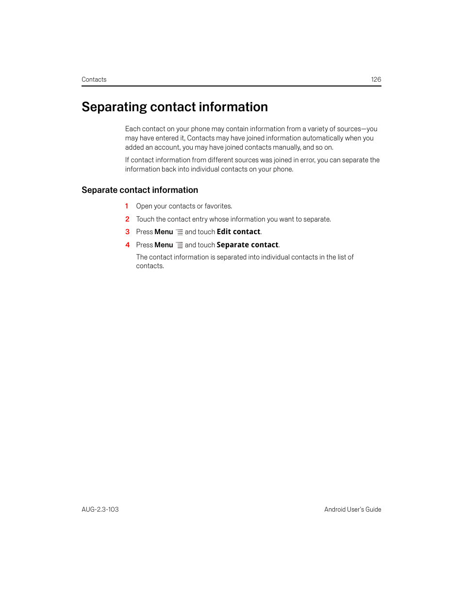 Separating contact information, Separate contact information, Separating contact information 126 | Samsung Android 2.3 User Manual | Page 126 / 380