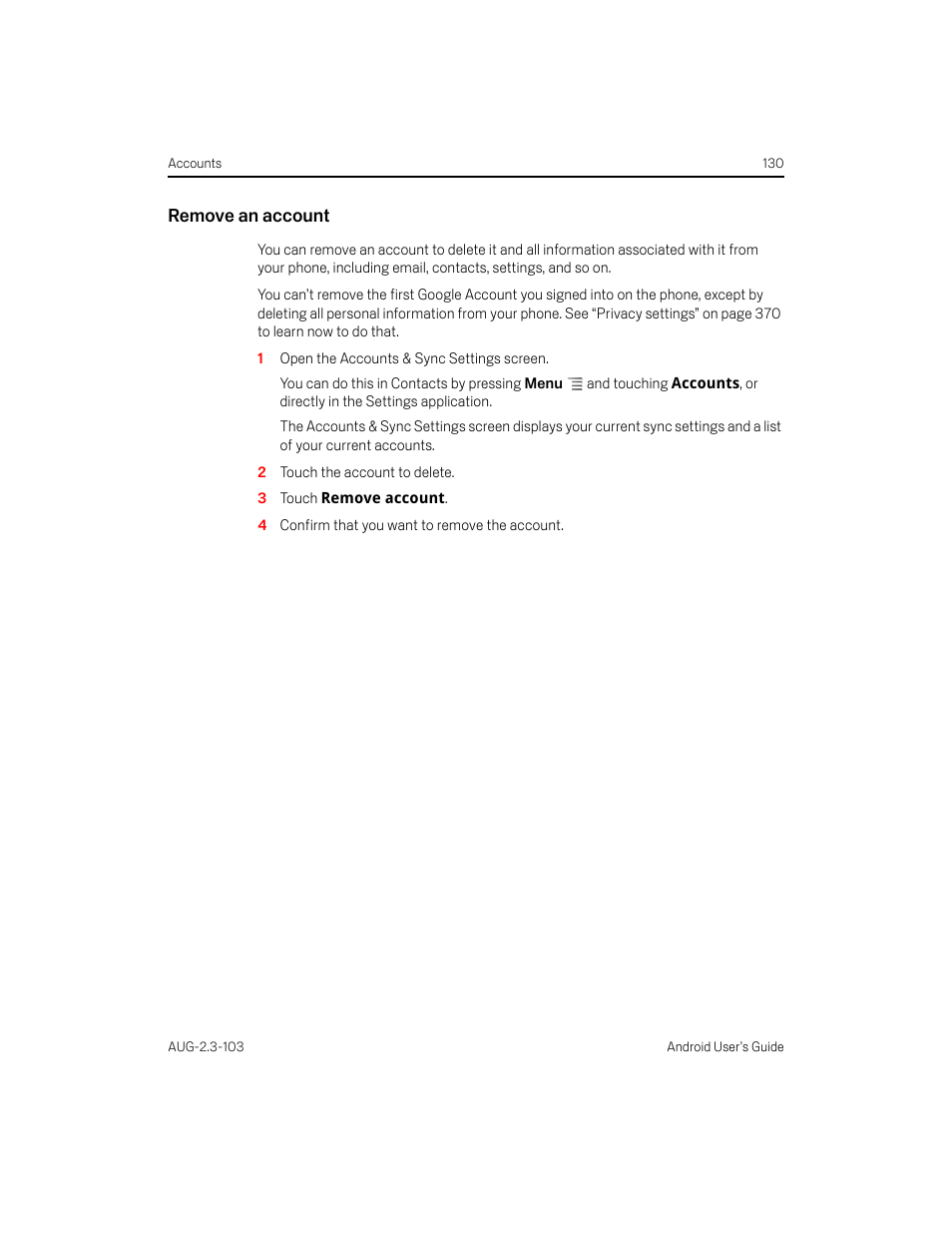 Remove an account | Samsung Android 2.3 User Manual | Page 130 / 380