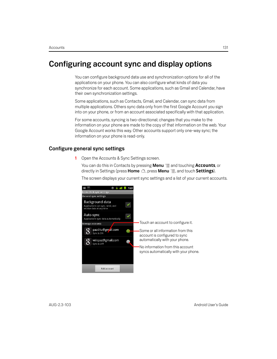 Configuring account sync and display options, Configure general sync settings, Configuring account sync and display options 131 | Samsung Android 2.3 User Manual | Page 131 / 380