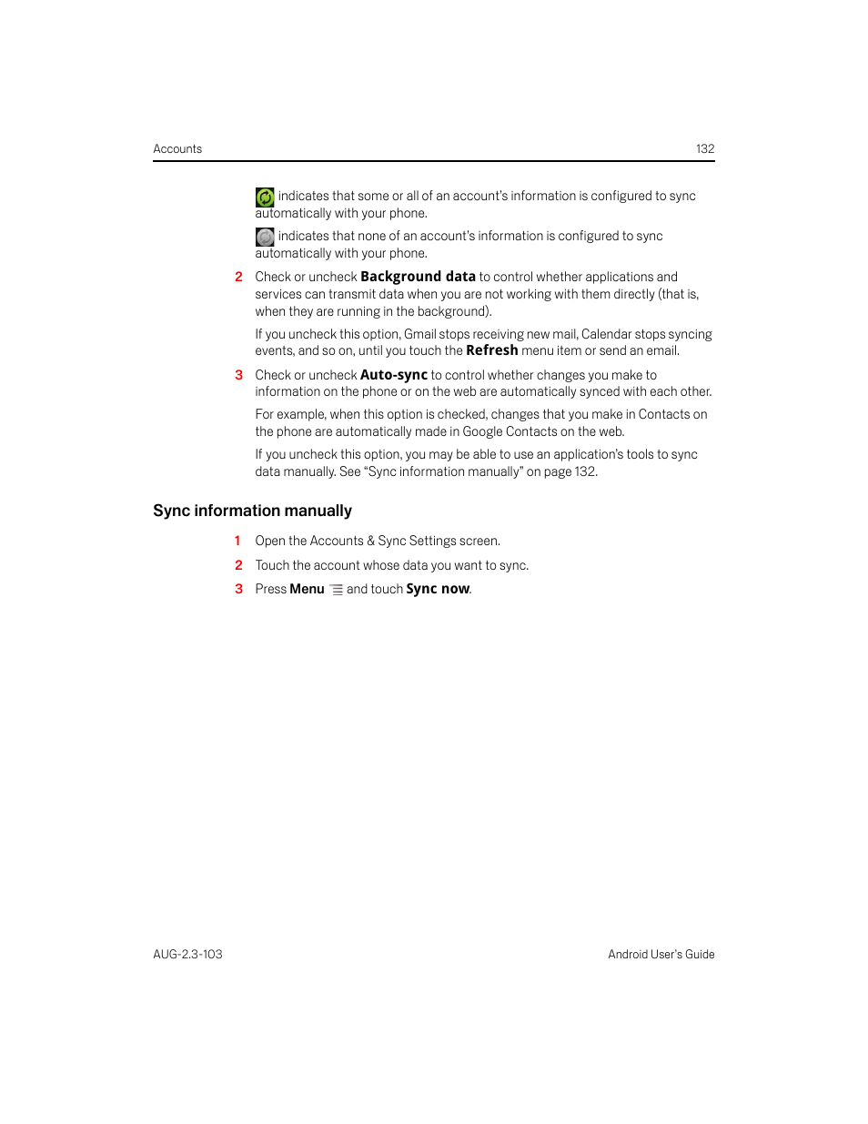 Sync information manually | Samsung Android 2.3 User Manual | Page 132 / 380