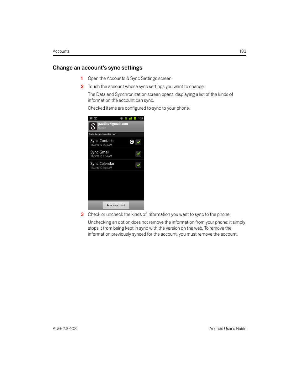 Change an account’s sync settings | Samsung Android 2.3 User Manual | Page 133 / 380