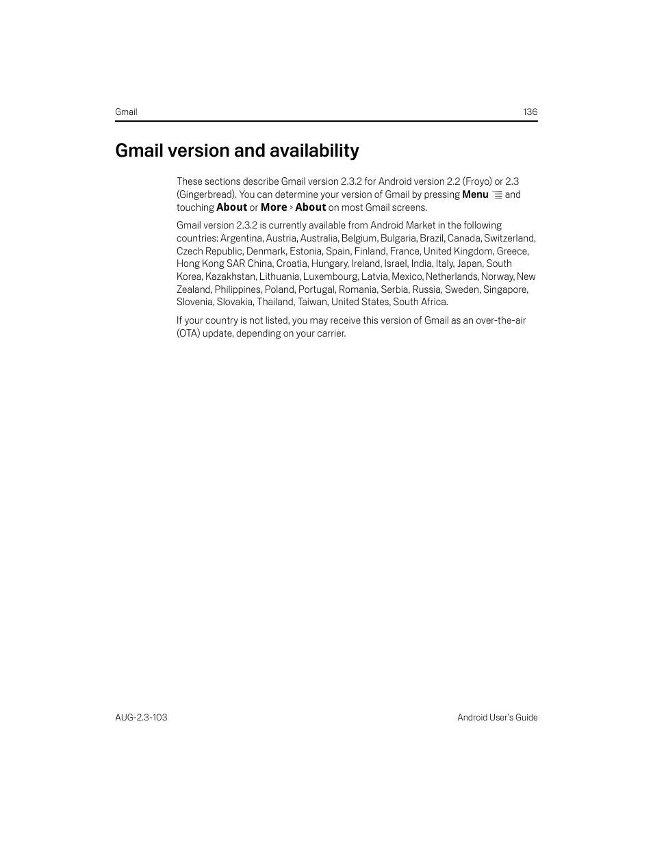 Gmail version and availability, Gmail version and availability 136 | Samsung Android 2.3 User Manual | Page 136 / 380