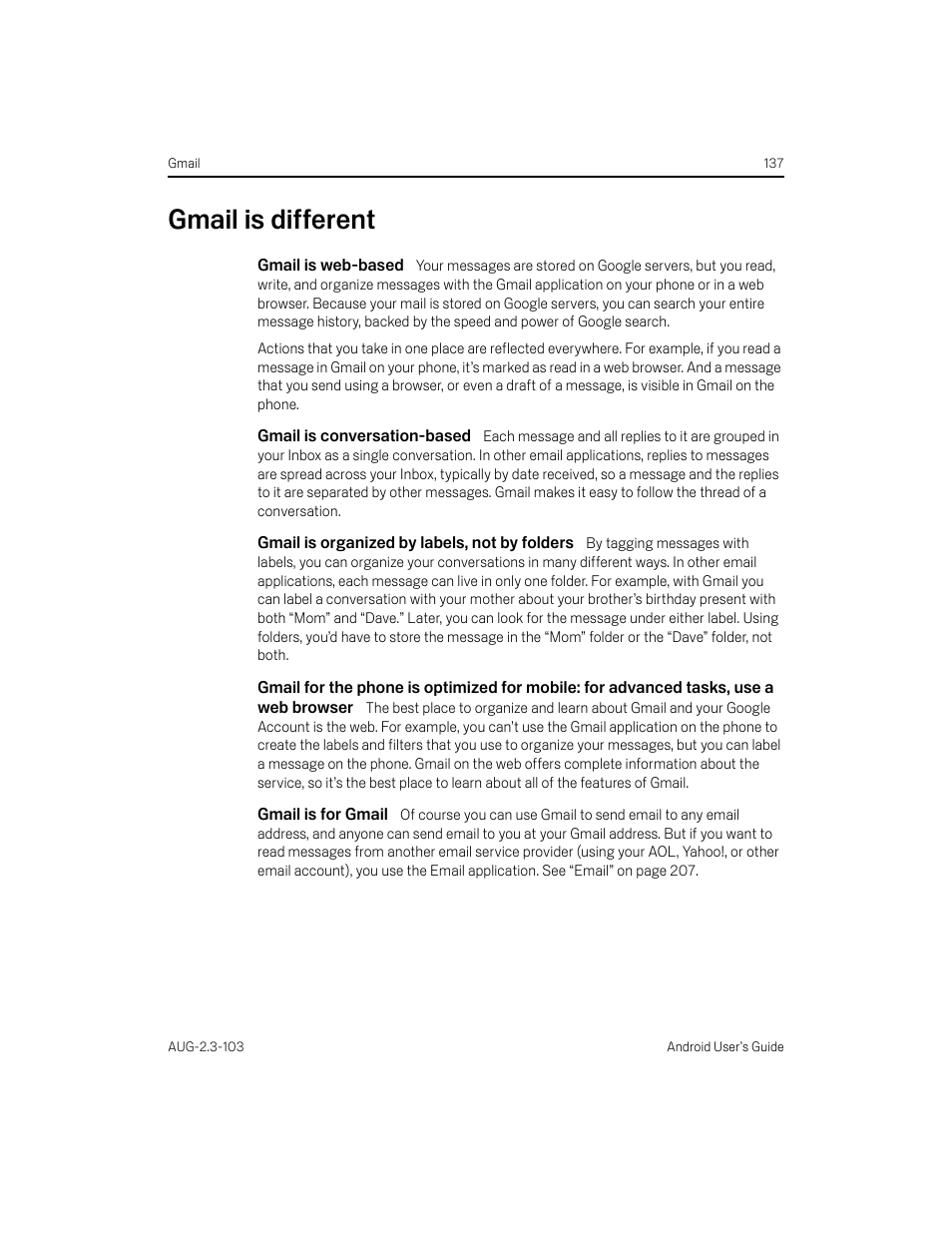 Gmail is different, Gmail is web-based, Gmail is conversation-based | Gmail is organized by labels, not by folders, Gmail is for gmail, Gmail is different 137 | Samsung Android 2.3 User Manual | Page 137 / 380