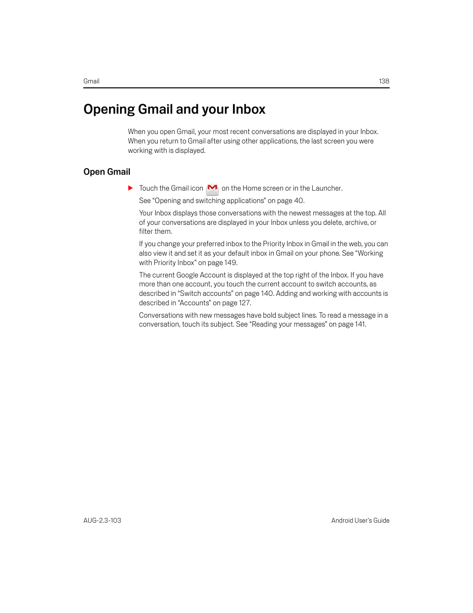 Opening gmail and your inbox, Open gmail, Opening gmail and your inbox 138 | Samsung Android 2.3 User Manual | Page 138 / 380