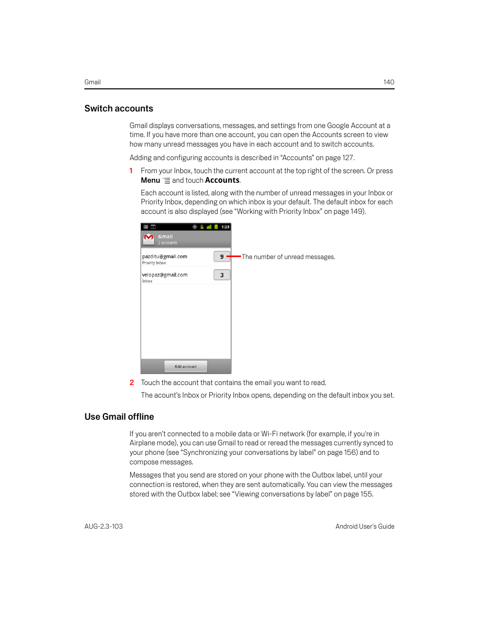 Switch accounts, Use gmail offline | Samsung Android 2.3 User Manual | Page 140 / 380