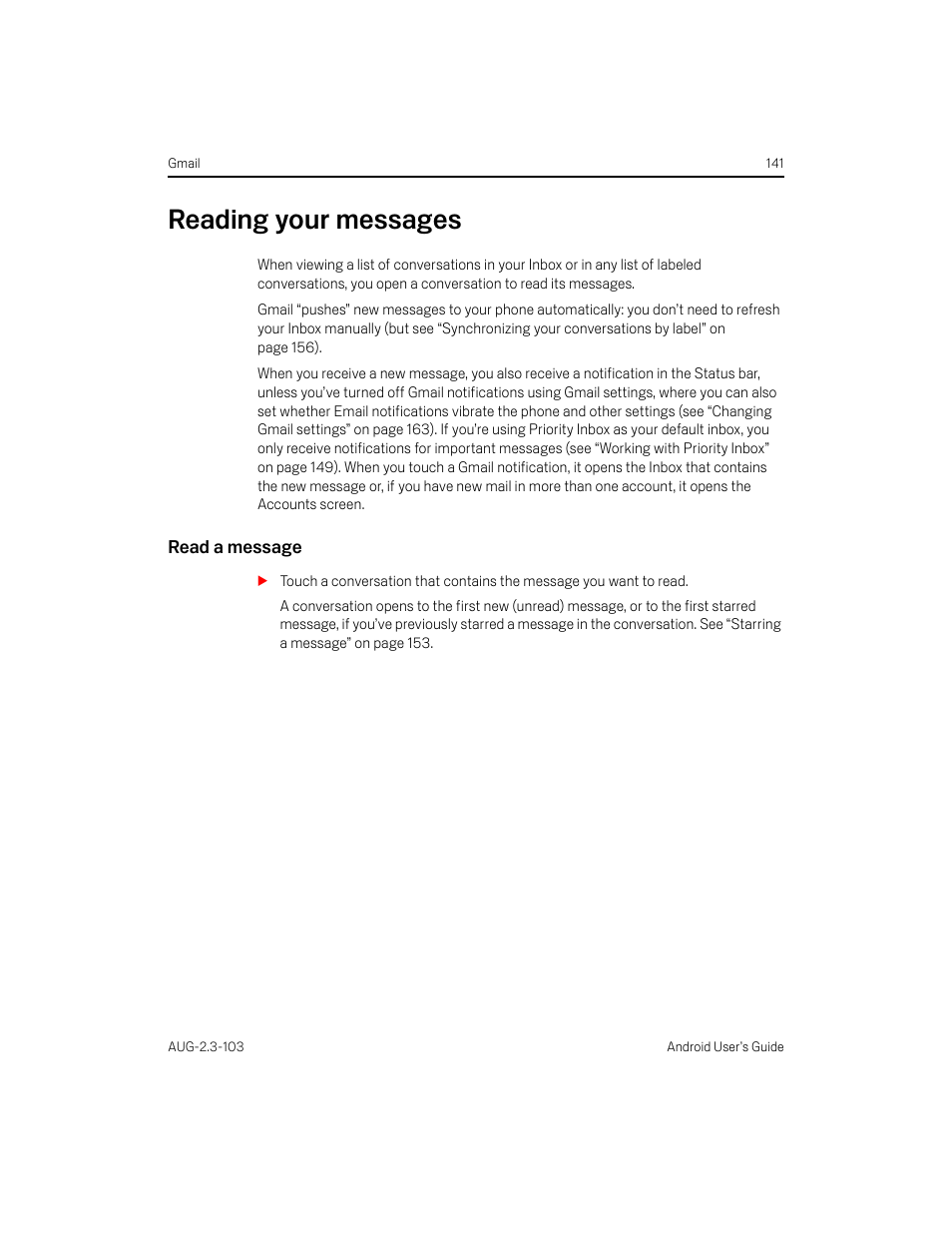 Reading your messages, Read a message, Reading your messages 141 | Samsung Android 2.3 User Manual | Page 141 / 380