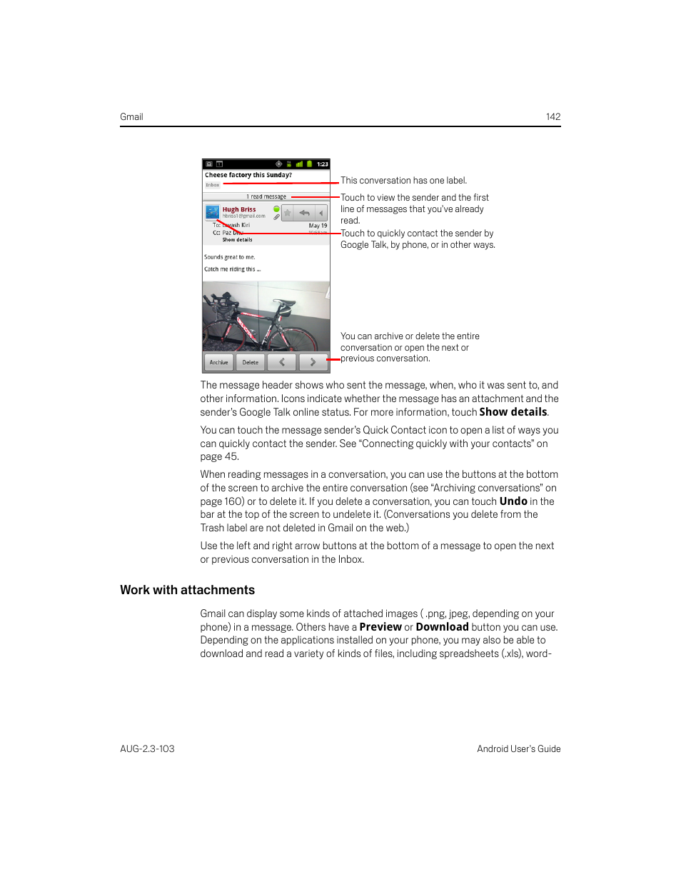 Work with attachments | Samsung Android 2.3 User Manual | Page 142 / 380