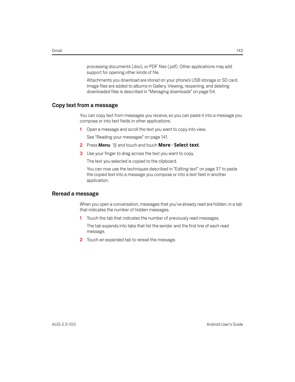 Copy text from a message, Reread a message | Samsung Android 2.3 User Manual | Page 143 / 380