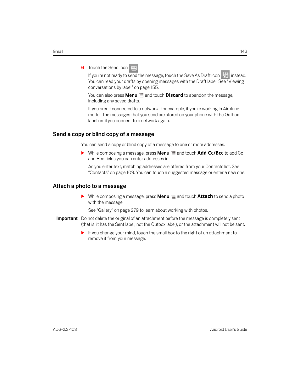 Send a copy or blind copy of a message, Attach a photo to a message | Samsung Android 2.3 User Manual | Page 146 / 380