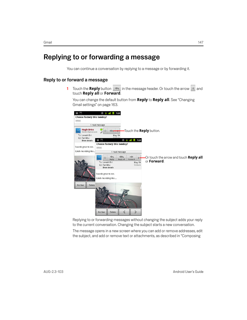 Replying to or forwarding a message, Reply to or forward a message, Replying to or forwarding a message 147 | Samsung Android 2.3 User Manual | Page 147 / 380